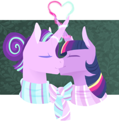Size: 1280x1312 | Tagged: safe, artist:vindhov, part of a set, starlight glimmer, twilight sparkle, alicorn, pony, g4, alternate hairstyle, clothes, eyes closed, female, glowing horn, hair bun, heart, hearth's warming, horn, kissing, lesbian, lineless, magic, scarf, ship:twistarlight, shipping, simple background, transparent background, twilight sparkle (alicorn)