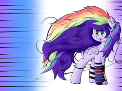 Size: 1600x1200 | Tagged: safe, artist:unbronydc, oc, oc only, oc:disharmony, pegasus, pony, clothes, female, mare, socks, solo, striped socks, tongue out