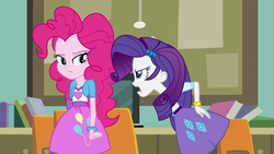 Size: 1920x1080 | Tagged: safe, screencap, pinkie pie, rarity, equestria girls, g4, angry, book, bracelet, chair, clothes, jewelry, skirt