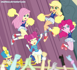Size: 1445x1320 | Tagged: safe, artist:charliexe, applejack, fluttershy, golden brass, majorette, pinkie pie, sweeten sour, equestria girls, g4, my little pony equestria girls: friendship games, armpits, background human, boots, cheerleader, clothes, converse, cute, hatless, legs, missing accessory, pleated skirt, pom pom, shoes, skirt, sneakers, socks, tank top, upskirt denied, wondercolts