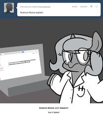 Size: 666x795 | Tagged: safe, artist:egophiliac, princess luna, moonstuck, g4, clothes, computer, filly, glasses, google, lab coat, looking at you, monochrome, partial color, science woona, shrug, woona, younger