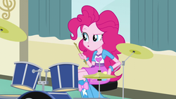 Size: 1280x720 | Tagged: safe, screencap, pinkie pie, equestria girls, g4, my little pony equestria girls: friendship games, boots, bracelet, clothes, cymbals, drum kit, drums, drumsticks, female, high heel boots, jewelry, musical instrument, skirt, solo