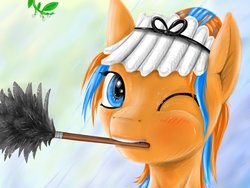 Size: 1032x774 | Tagged: safe, artist:masdragonflare, oc, oc only, oc:cold front, pony, blushing, bust, clothes, crossdressing, duster, fluffy, grin, looking at you, maid, male, mistletoe, one eye closed, portrait, smiling, solo, stallion, wink
