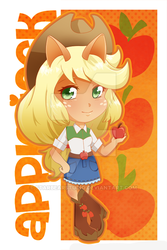 Size: 400x600 | Tagged: safe, artist:starbearstudio, applejack, equestria girls, g4, apple, chibi, colored pupils, female, food, ponied up, solo, watermark