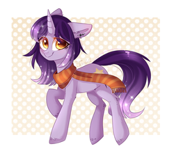 Size: 1024x887 | Tagged: safe, artist:ten-dril, oc, oc only, oc:twinkle starfall, pony, unicorn, abstract background, clothes, colored pupils, cute, ear fluff, ear piercing, female, floppy ears, looking at you, mare, ocbetes, piercing, raised hoof, scarf, shy, signature, smiling, solo