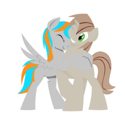 Size: 1024x1024 | Tagged: safe, artist:camelol, artist:hoverrover, edit, oc, oc only, oc:blazing bullet, oc:camelol, earth pony, pegasus, pony, unicorn, cute, gay, hooves, hug, lineless, male, one eye closed, recolor, simple background, smiling, spread wings, stallion, transparent background, wingboner, wings