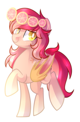 Size: 1332x2022 | Tagged: safe, artist:drawntildawn, oc, oc only, oc:pink lemonade, bat pony, pony, colored pupils, female, freckles, grapefruit, looking at you, mare, raised hoof, raised leg, simple background, solo, transparent background, watermark