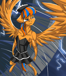 Size: 500x571 | Tagged: safe, artist:cladz, oc, oc only, oc:cold front, anthro, unguligrade anthro, anthro oc, clothes, crossdressing, dress, lightning, maid, male, smiling, solo, stallion, storm, tornado