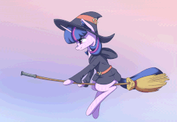 Size: 1100x756 | Tagged: safe, artist:mrscroup, twilight sparkle, pony, g4, animated, anime, belt, broom, clothes, crossover, cute, dress, female, flying, flying broomstick, gif, hat, little witch academia, side slit, simple background, skirt, skirt lift, smiling, solo, witch, witch hat