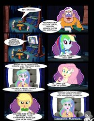 Size: 1024x1317 | Tagged: dead source, safe, artist:danielitamlp, edit, applejack, fluttershy, princess celestia, principal celestia, rainbow dash, sunset shimmer, equestria girls, g4, comic, dialogue, mermaid man, spanish, spongebob squarepants