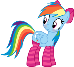 Size: 6000x5421 | Tagged: safe, artist:slb94, rainbow dash, pegasus, pony, absurd resolution, blushing, bow, c:, clothes, cute, dashabetes, female, folded wings, girly, hair bow, looking back, mare, simple background, smiling, socks, solo, striped socks, tomboy taming, transparent background, vector, wings