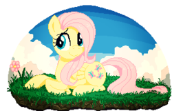 Size: 300x193 | Tagged: safe, artist:lilapudelpony, fluttershy, pegasus, pony, g4, cute, female, grass, looking away, pixel art, prone, shyabetes, solo