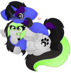 Size: 1500x1550 | Tagged: safe, artist:pegamutt, oc, oc only, oc:bree jetpaw, blank flank, heart, snuggling, sunglasses