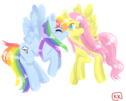 Size: 1280x1024 | Tagged: safe, artist:katze-kat, fluttershy, rainbow dash, g4, cheek kiss, female, floating, kissing, lesbian, ship:flutterdash, shipping, simple background, smooch, spread wings, white background