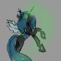 Size: 1000x1000 | Tagged: safe, artist:cottonaime, queen chrysalis, changeling, changeling queen, g4, blank flank, crown, eyes closed, female, glowing, glowing horn, horn, jewelry, magic, profile, rearing, regalia, simple background, sketch, solo
