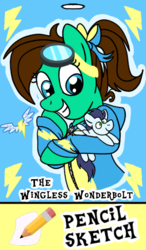 Size: 350x600 | Tagged: safe, artist:hufflepuffrave, soarin', oc, oc only, oc:pencil sketch, earth pony, pony, g4, clothes, female, mare, plushie, solo, wonderbolts uniform