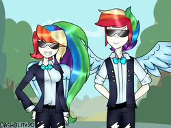 Size: 3552x2656 | Tagged: safe, artist:dashblitz90-fonnie, rainbow dash, human, g4, duo, high res, humanized, rainbow blitz, rule 63, self ponidox, sunglasses, winged humanization, wings