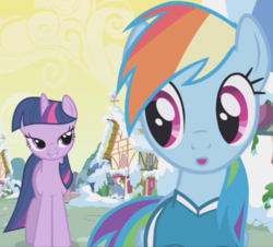 Size: 1080x976 | Tagged: safe, screencap, rainbow dash, twilight sparkle, pony, g4, winter wrap up, lidded eyes, out of context