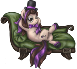 Size: 2070x1863 | Tagged: safe, artist:thebowtieone, oc, oc only, oc:bowtie, earth pony, pony, bowtie, couch, female, hat, hooves behind head, mare, simple background, solo, top hat, transparent background