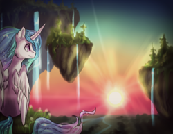 Size: 1448x1118 | Tagged: safe, artist:not-ordinary-pony, princess celestia, pony, g4, crepuscular rays, female, floating island, river, scenery, sitting, smiling, solo, sunset, twilight (astronomy), valley, waterfall