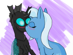 Size: 800x600 | Tagged: safe, artist:eulicious, thorax, trixie, changeling, pony, unicorn, g4, blushing, eyes closed, female, kissing, male, mare, shipping, simple background, straight, thoraxie
