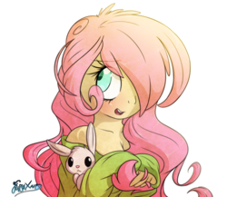 Size: 1280x1109 | Tagged: safe, artist:fluffyxai, angel bunny, fluttershy, human, g4, blushing, bust, clothes, duo, hair over one eye, holding, humanized, looking away, looking up, open mouth, pony coloring, portrait, simple background, smiling, white background
