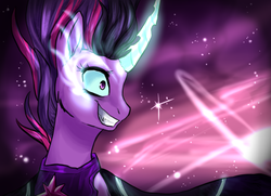 Size: 1432x1039 | Tagged: safe, artist:not-ordinary-pony, sci-twi, twilight sparkle, equestria girls, g4, equestria girls ponified, female, glowing horn, grin, horn, midnight sparkle, ponified, smiling, solo, space, stars