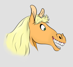 Size: 1600x1467 | Tagged: safe, artist:wubmacawda, applejack, horse, pony, g4, female, happy, hatless, hoers, missing accessory, open mouth, silly, silly pony, simple background, smiling, solo, who's a silly pony