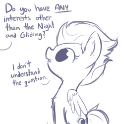 Size: 1080x1080 | Tagged: safe, artist:tjpones, night glider, pegasus, pony, g4, chest fluff, confused, cute, dialogue, female, fluffy, frown, glideabetes, looking up, monochrome, name pun, offscreen character, open mouth, simple background, sitting, solo, that pony sure does love the night and gliding, white background