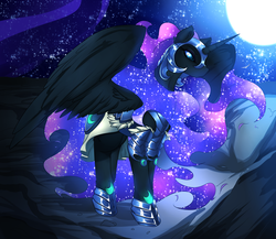 Size: 3600x3130 | Tagged: safe, artist:madacon, nightmare moon, pony, g4, armor, color porn, female, full moon, galaxy mane, helmet, high res, large wings, long mane, long tail, moon, slit pupils, solo, spread wings, stars