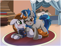 Size: 6215x4709 | Tagged: safe, artist:estories, oc, oc only, oc:homage, oc:littlepip, pony, unicorn, fallout equestria, absurd resolution, bed, blushing, book, clothes, duo, fallout, female, floppy ears, jumpsuit, lesbian, mare, oc x oc, one eye closed, prone, ship:pipmage, shipping, staircase, vault suit, wink