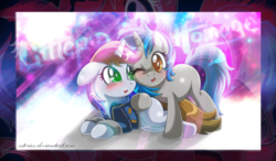 Size: 2167x1263 | Tagged: safe, artist:estories, oc, oc only, oc:homage, oc:littlepip, pony, unicorn, fallout equestria, blushing, clothes, fallout, female, floppy ears, jumpsuit, lesbian, mare, oc x oc, one eye closed, open mouth, prone, ship:pipmage, shipping, vault suit, wink