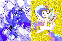 Size: 1920x1280 | Tagged: safe, artist:phoenixperegrine, princess celestia, princess luna, g4, :p, banana, bananalestia, belly button, blushing, food, looking at you, mare in the moon, moon, smiling, tongue out