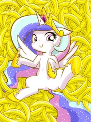 Size: 960x1280 | Tagged: safe, artist:phoenixperegrine, princess celestia, pony, g4, banana, bananalestia, belly button, female, food, jewelry, looking at you, regalia, smiling, solo