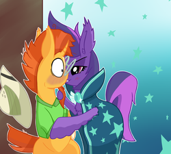Size: 1500x1350 | Tagged: safe, artist:dragonpone, derpibooru exclusive, sunburst, violet spark, g4, blushing, chest fluff, clothes swap, crack shipping, ear fluff, glasses, hat, heart eyes, lidded eyes, looking at each other, male, older, shipping, sitting, smirk, spread wings, stars, straight, sunspark, surprised, wide eyes, wing hands, wingding eyes