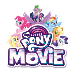 Size: 7350x7273 | Tagged: safe, applejack, fluttershy, pinkie pie, rainbow dash, rarity, spike, twilight sparkle, alicorn, pony, g4, my little pony: the movie, official, absurd resolution, discussion in the comments, logo, looking at you, looking back, mane seven, mane six, movie designs, my little pony logo, open mouth, simple background, smiling, spread wings, twilight sparkle (alicorn), white background