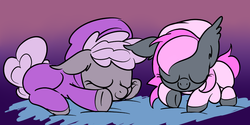 Size: 1280x640 | Tagged: safe, artist:stoic5, artist:xwoofyhoundx, color edit, edit, oc, oc only, oc:heartbeat, oc:sirocca, bat pony, pony, clothes, colored, cute, duo, hoodie, pajamas, sleeping
