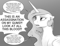 Size: 1280x989 | Tagged: safe, artist:silfoe, princess celestia, alicorn, pony, royal sketchbook, g4, celestia is not amused, dentist, dialogue, female, floppy ears, gradient background, grayscale, implied princess luna, mare, monochrome, offscreen character, on the moon for too long, open mouth, speech bubble, toothbrush, unamused, yelling