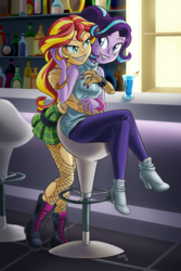 Size: 800x1200 | Tagged: safe, alternate version, artist:shaxbert, starlight glimmer, sunset shimmer, human, equestria girls, g4, bar, boots, clothes, crossed legs, duo, female, fishnet stockings, high heel boots, high heels, hilarious in hindsight, hug, hug from behind, lesbian, lipstick, midriff, nana (series), pantyhose, ship:shimmerglimmer, shipping, skirt