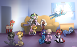 Size: 2703x1664 | Tagged: safe, artist:buckyouall, artist:da3rd, oc, oc only, oc:elli, oc:flan pone, oc:lilith, oc:nikita, oc:nurse bonesaw, oc:reppy, oc:solo jazz, oc:violet skies, clothes, couch, socks, solo jazz, striped socks