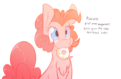Size: 4000x2600 | Tagged: safe, artist:fluffyxai, pinkie pie, pony, g4, :3, :t, chest fluff, cute, dialogue, diapinkes, donut, female, fluffy, food, mouth hold, nom, offscreen character, simple background, sitting, smiling, solo, white background