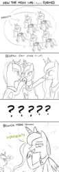 Size: 800x2339 | Tagged: safe, artist:unsavorydom, princess luna, g4, boop, comic, fusion, greentext, grin, lineart, macro, monochrome, multeity, scrunchy face, simple background, size difference, smiling, text, white background