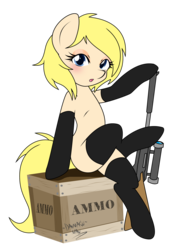 Size: 2194x3000 | Tagged: safe, artist:danmakuman, oc, oc only, oc:aimmy, earth pony, pony, ammunition, blushing, clothes, crate, crossed legs, female, gun, high res, hooves, latex, mare, open mouth, optical sight, rifle, simple background, sitting, sniper rifle, socks, solo, text, thigh highs, transparent background, weapon