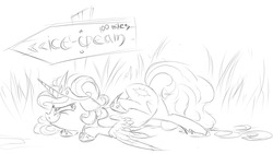 Size: 1280x720 | Tagged: safe, artist:v747, princess celestia, pony, g4, female, monochrome, sillestia, silly, silly pony, sketch, solo