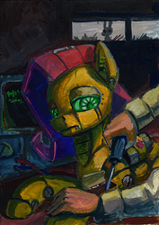 Size: 566x800 | Tagged: safe, artist:lexx2dot0, fluttershy, human, pony, robot, robot pony, g4, female, flutterbot, gouache, hand, lidded eyes, looking at something, looking down, lying down, maintenance, offscreen character, prone, repairing, roboticist, screen, screwdriver, solo, traditional art, window