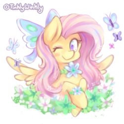 Size: 1500x1500 | Tagged: safe, artist:tinklywinkly, fluttershy, butterfly, pony, g4, bracelet, bust, female, flower, hooves to the chest, jewelry, looking at you, one eye closed, portrait, solo, spread wings, wink