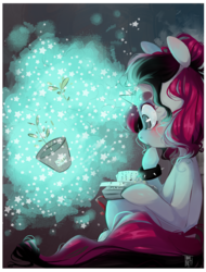 Size: 1200x1576 | Tagged: safe, artist:tamyarts, oc, oc only, pony, unicorn, book, bracelet, female, hoof on chin, jewelry, looking at something, magic, mare, plant, potted plant, sitting, solo, spiked wristband