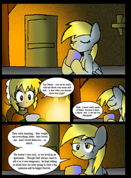 Size: 584x791 | Tagged: safe, artist:neoncabaret, derpy hooves, oc, oc:mel, human, pegasus, pony, comic:derpy's wish, g4, comic, cup, female, fire, mare