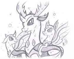 Size: 1571x1256 | Tagged: safe, artist:rossmaniteanzu, thorax, changedling, changeling, fanfic:the king of love bugs, g4, to where and back again, grayscale, king thorax, monochrome, papa thorax, traditional art