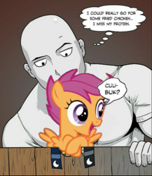 Size: 966x1112 | Tagged: safe, artist:pencils, edit, scootaloo, oc, oc:anon, comic:anon's pie adventure, g4, scootachicken, smiling, speech bubble